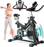 Pooboo D525 Magnetic Resistance Indoor Cycling Bike, features include micro adjustable magnetic resistance, belt drive system, 35 lb flywheel, digital LCD Monitor, device holder, water bottle holder, 4-way adjustable saddle