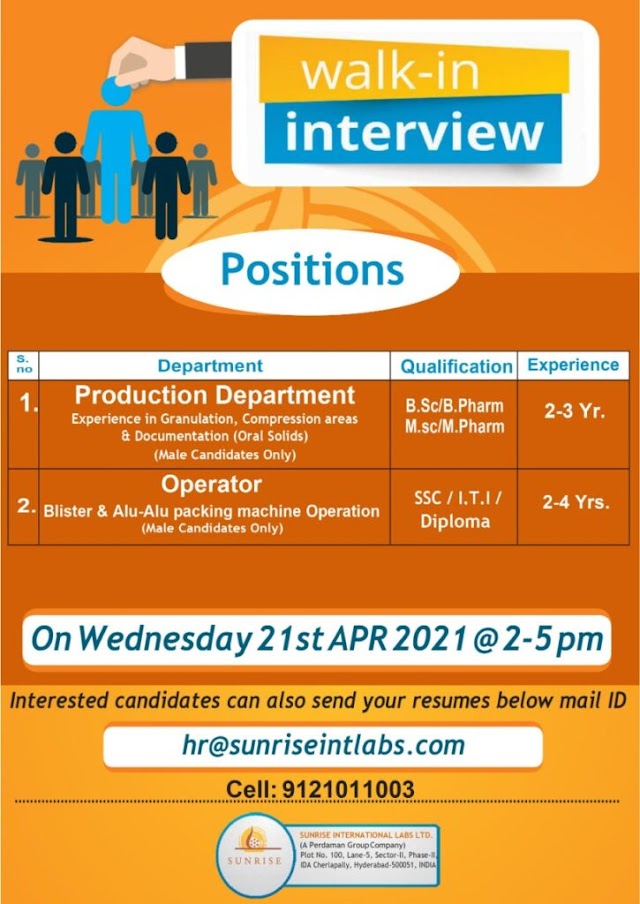 Sunrise Pharma | Walk-in interview for Production on 21st Apr 2021