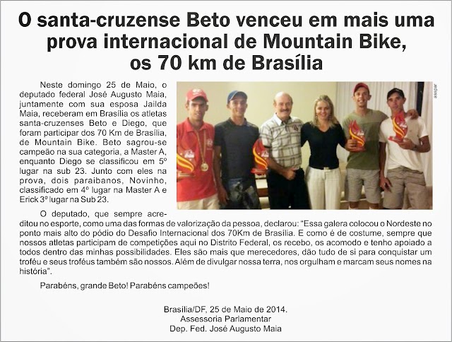 Zé augusto recebe Beto vencedor dos 70 Km de Brasília de Mountain Bike‏