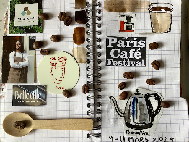 Collage sketch of coffee beans, cups, coffee machines