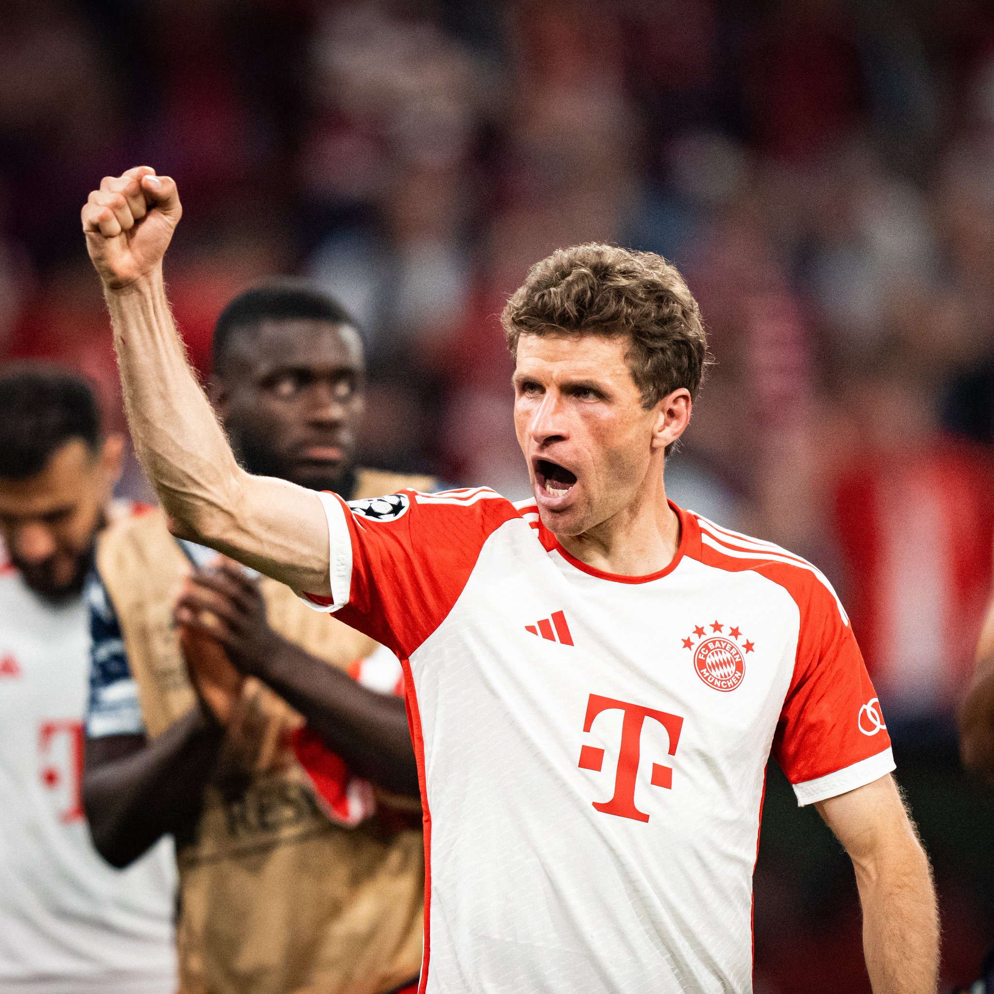 Thomas Müller raise his fist in celebration after the Uefa Champions League 2023/24 semi final first leg between Bayern Munich and Real Madrid at Allianz Arena on Tuesday 30 April, 2024