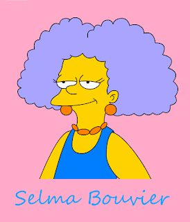 selma bouvier, the simpsons, cartoon, animation, tv series, comedy, fun, humour, twin, sister,  grey hair, middle parting, fashion, 1990s, orange earrings, circular earrings, orange necklace,