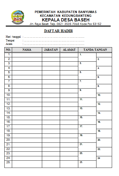 Format daftar hadir perangkat desa contoh daftar hadir