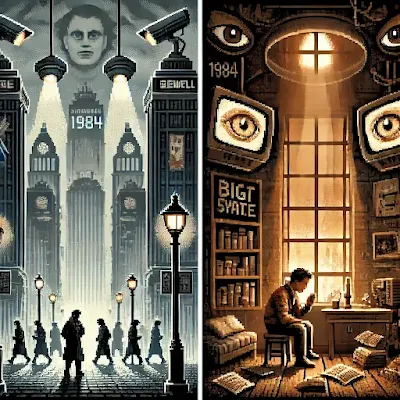Pixel art of a dystopian city under surveillance. Citizens march in formation under gray skies, watched by robotic eyes and large telescreens displaying Big Brother’s face. The city is filled with propaganda and fear.