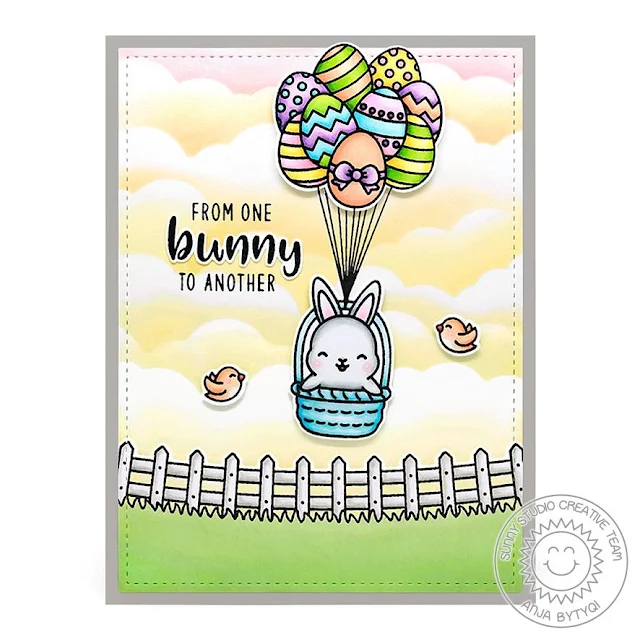 Sunny Studio Stamps: Chickie Baby Frilly Frame Dies Chubby Bunny Floating By Fluffy Cloud Border Dies Easter Card by Anja Bytyqi