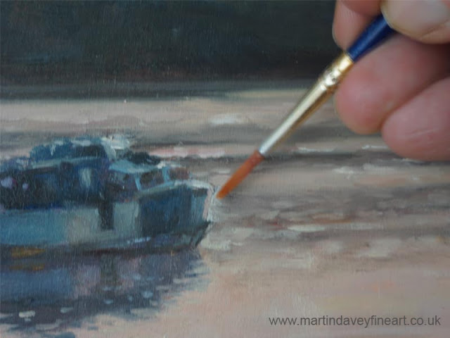 WIp of boat in marine river setting oil painting.