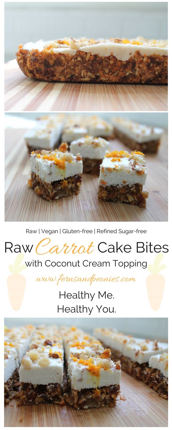 Raw Carrot Cake Bites with Coconut Cream Topping. These bite of spring are gluten-free, vegan, refined sugar-free and paleo. Find the recipe at www.fernsandpeonies.com