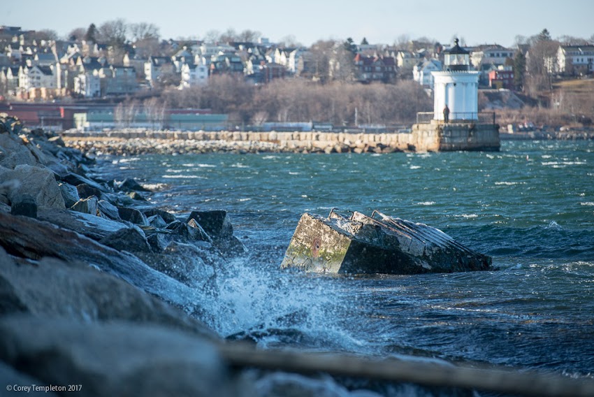 South Portland, Maine USA March 2017 photo by Corey Templeton. The icy shores of South Portland, looking north towards Bug Light.