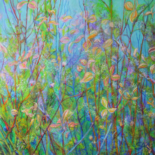 Pastel painting of spring grasses and flowering plants