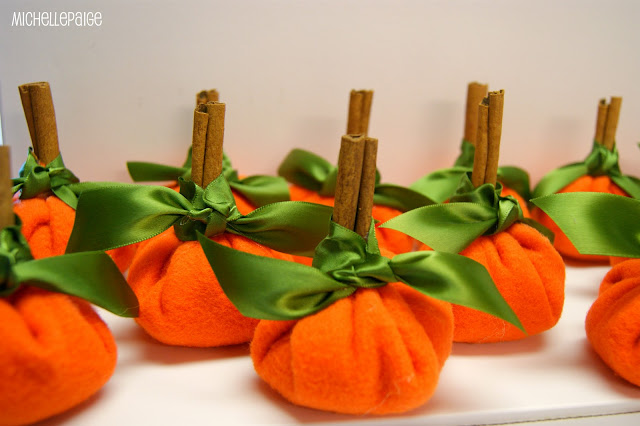 Pumpkin place cards made from Dollar Store supplies.  No sew!