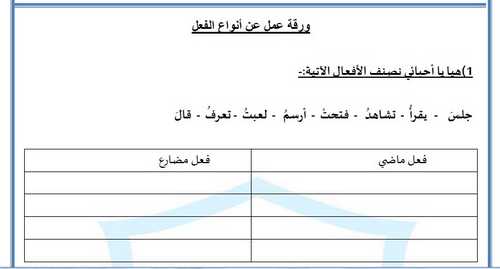 تحميل ورقة عمل  أنواع الفعل لغة عربية للصف الثاني فصل أول  - التعليم فى الإمارات