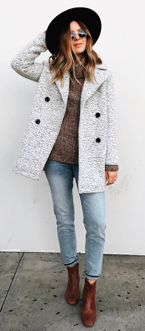 fall fashion trends: hat + coat + knit + jeans + boots