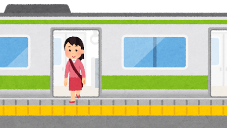 電車を降りる人のイラスト（女性）