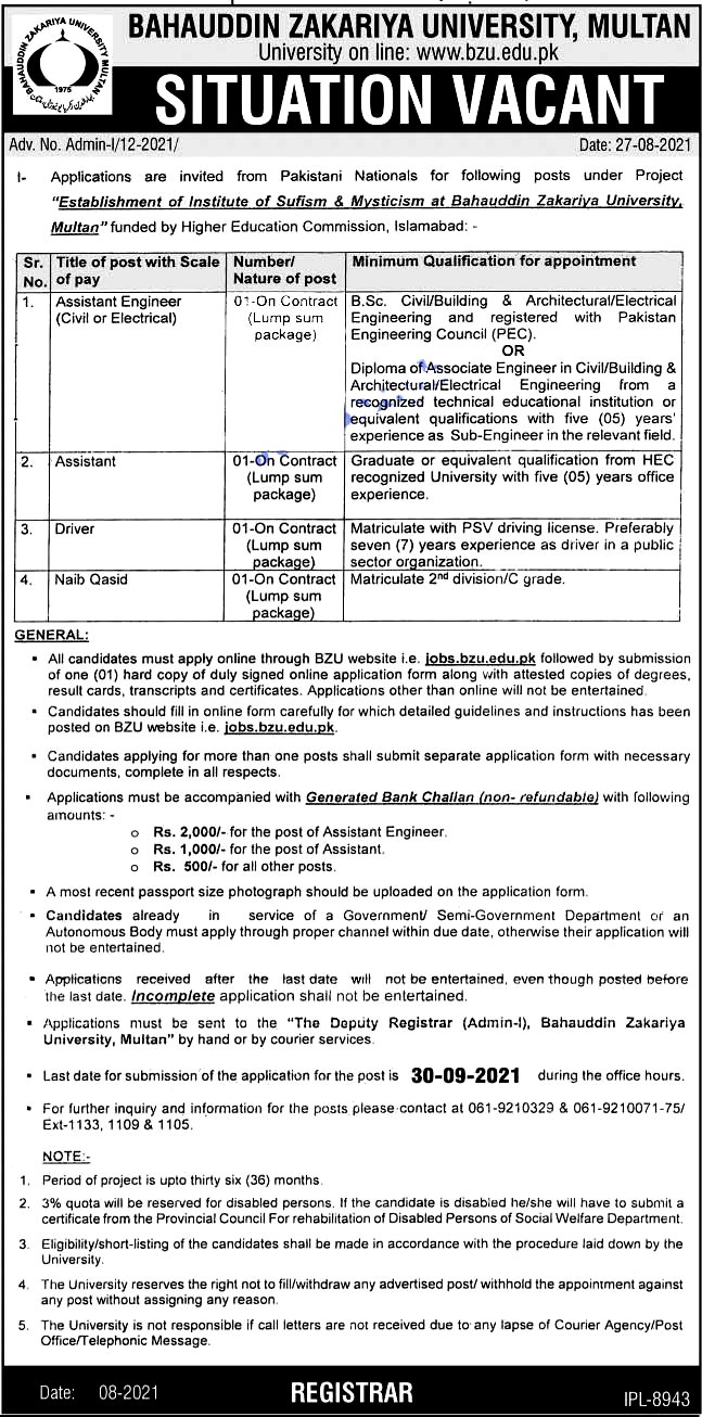 Bahauddin Zakariya University BZU Multan Latest  Jobs 2021 - Apply Online