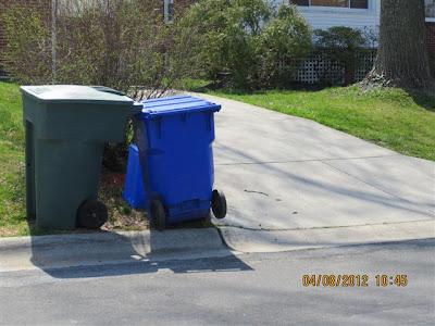 Trash can and paper recycling cart set lawn next to driveway.