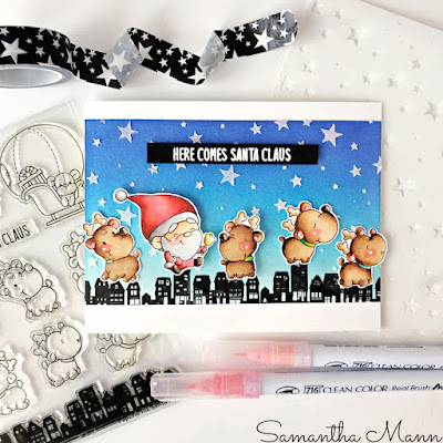 Here Comes Santa Claus Card by Samantha Mann for Get Cracking on Christmas with Jenn Shurkus, Distress Inks, Paperie Ink, Christmas, Christmas Card, embossing paste, cards, Card Making, #paperieink #getcrackingonchristmas #christmascard #cardmaking #distressinks