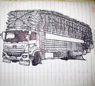 Sketch Truk Hino Bermuatan Banyak Pakai Bolpen