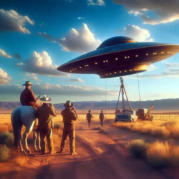 Koboi mengamati UFO yang diangkat oleh derek di perkebunan roswell di bawah langit yang cerah.