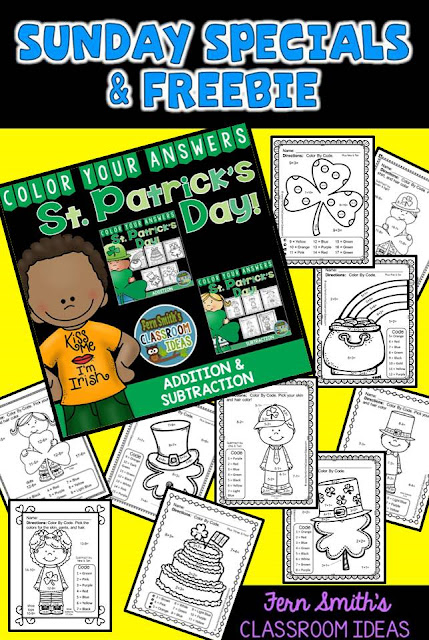  Fern Smith's Classroom Ideas Sunday Special and Freebie: Color Your Answers Addition and Subtraction Printables at TeacherspayTeachers for Easter and St. Patrick's Day in Your Classroom!