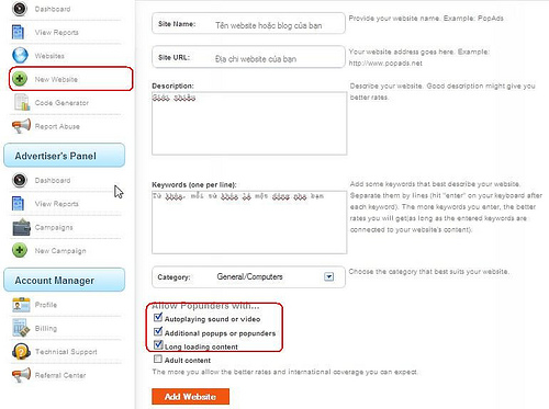 Đặt PopAds kiếm tiền
