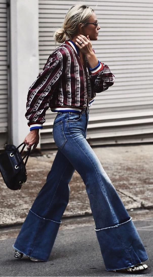 beautiful outfit idea : bomber + bag + jeans + heels