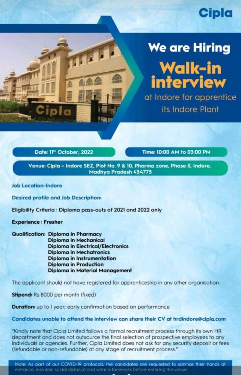 Job Available's for Cipla Walk-In Interview for Fresher's in Diploma Mechanical/ Electrical/ Instrumentation Engineering