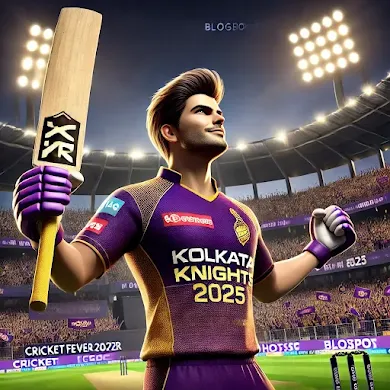 "A 3D-rendered Kolkata Knight Riders (KKR) player in a purple and gold jersey celebrating with a bat in hand. The background features a cricket stadium with cheering fans and stadium lights. The website 'https://cricketfever2025.blogspot.com/' is integrated into the stadium banners."