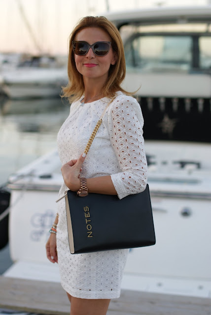 Notes bag, white lace dress, Mango sangallo dress, Michael Kors rose gold watch, Fashion and Cookies