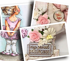 Preview of a pink Vintage card using Mo's Digital Pencil Lil Ballerina, paper flowers Maja Design papers and Prima embellishments