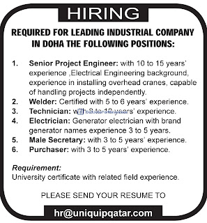 Required For An Industrial Company Doha - Qatar