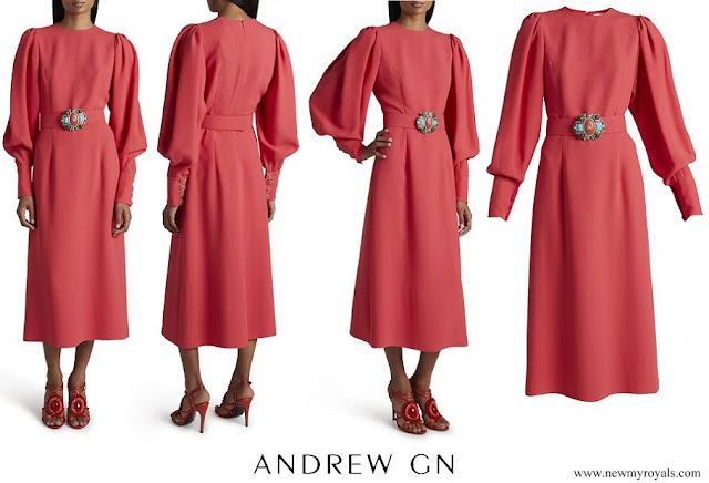 Crown Princess Mary wore Andrew Gn Gem Embellished Belted Puff Sleeve Midi Dress in coral