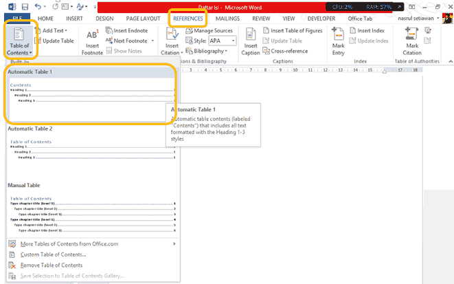 references table of content