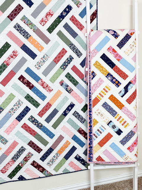 Wayward quilt pattern in various fabrics