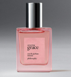 Bottle of 'Amazing Grace Eau de Parfum Intense' by Philosophy, similar to the classic version but with a deeper colored liquid.