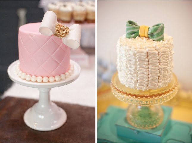 Fondant or buttercream with ruffles cakes and minicakes with bows are