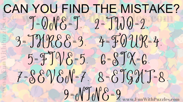 CAN YOU FIND THE MISTAKE? i=ONE=i, 2=TWO=2, 3=THREE=3, 4=FOUR=4, 5=FIVE=5, 6=SIX=6, 7=SEVEN=7, 8=EIGHT=8, 9=NINE=9