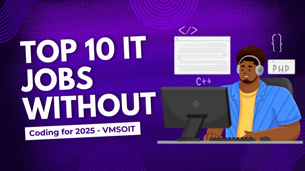 Illustration of a person interacting with advanced technology interfaces, showcasing high-paying tech jobs witout coding and programming for 2025.
