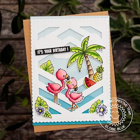 Sunny Studio Stamps: Fabulous Flamingos,  Fluffy Clouds & Frilly Frames Chevron & Seasonal Trees Summer Themed Card by Eloise Blue