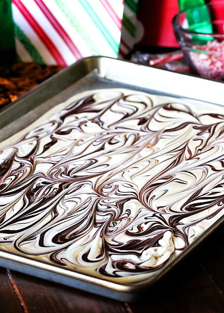 Baking Sheet of Marbled Semi-Sweet and White Chocolate Image