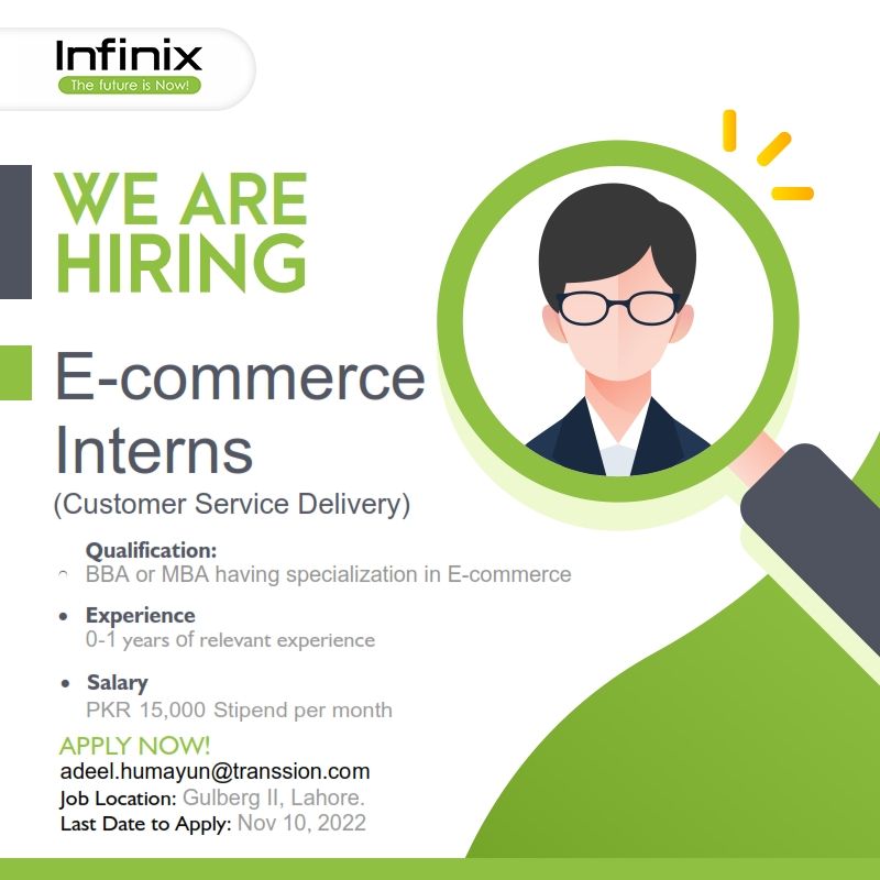 Infinix Mobility Pakistan is looking to hire E-commerce Interns in Xpark