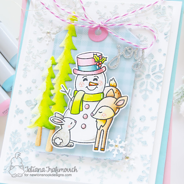 Joyful Holiday Card by Tatiana Trafimovich | Festive Fawns Stamp Set, Fancy Edges Tag Die Set, Forest Scene Builder Die Set and Snowfall Stencil by Newton's Nook Designs #newtonsnook #handmade
