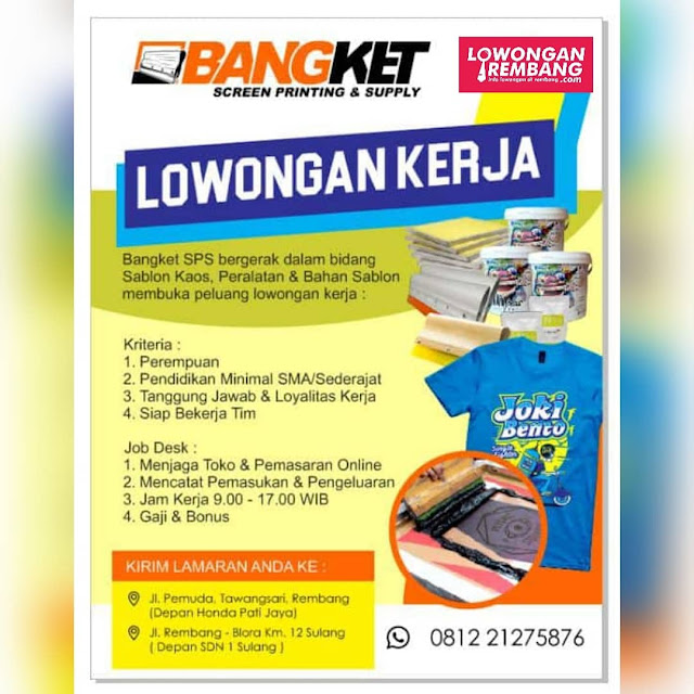 Lowongan Kerja Pegawai Bangket Sreen Printing And Supply Rembang