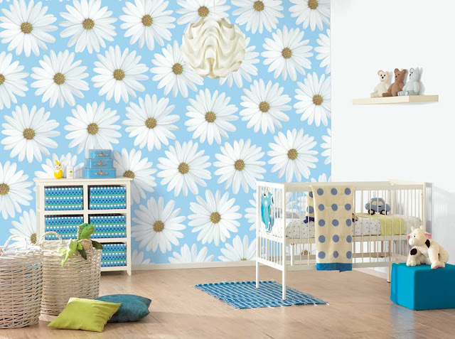 Blue White Flower Baby Room Wall Design Wallpaper