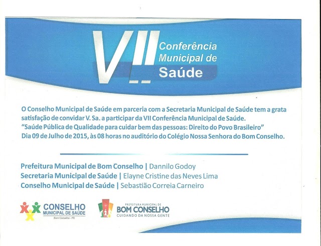 CONFERÊNCIA MUNICIPAL DE SAÚDE DE BOM CONSELHO SERÁ DIA 09