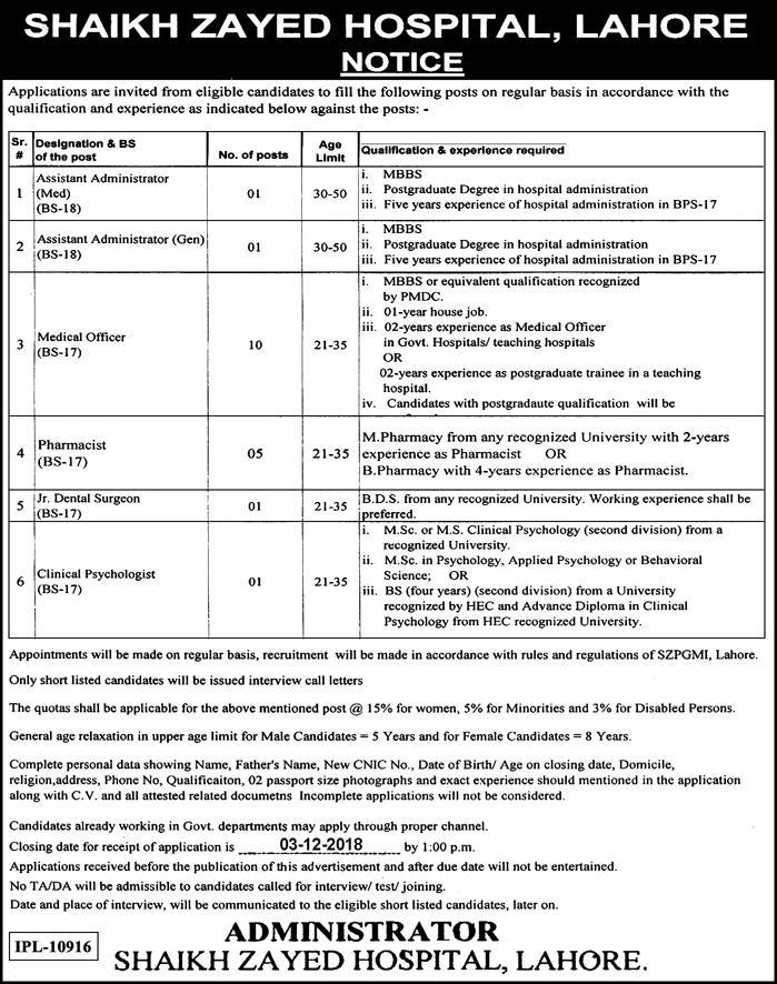 Jobs in Shaikh Zayed Hospital Lahore 2019 for 19+ Administrators, Medical officers, Pharmacists & Specialists