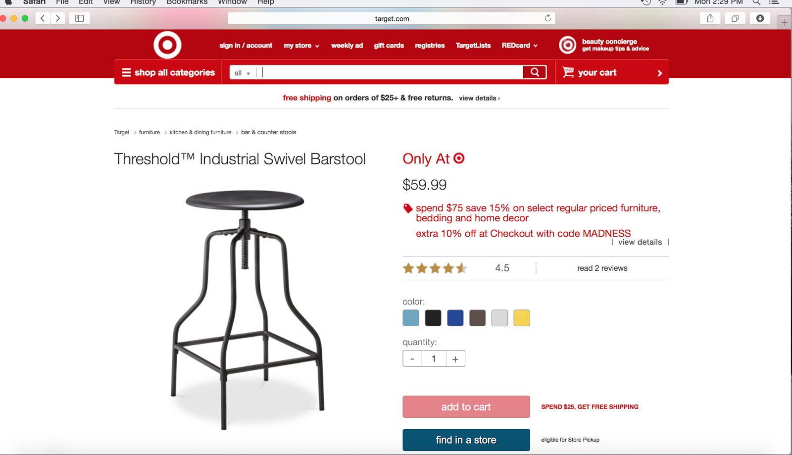 Target threshold industrial swivel bar stool screen shot