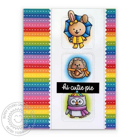 Sunny Studio: Woodsy Autumn Rainbow Striped "Hi Cutie" Pie Bunny, Hedgehog & Owl Critters Card (using Window Trio Square & Ric Rac Border dies + Surprise Party Paper)