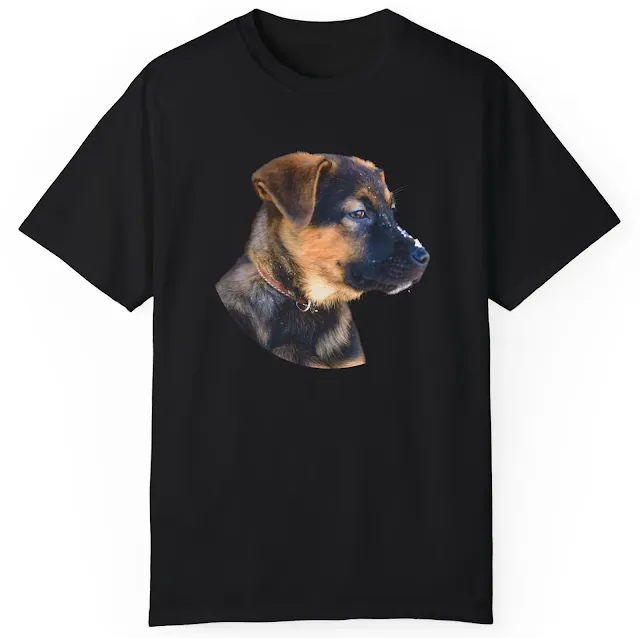 Garment Dyed T-Shirt for Men and Women With Close Up Face of Black and Red German Shepherd Puppy with Floppy Ears