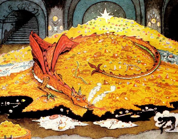 color illustration of a dragon curled around a huge mound of gold in an underground hall, with a tiny figure in silhouette bowing to him in the bottom right corner