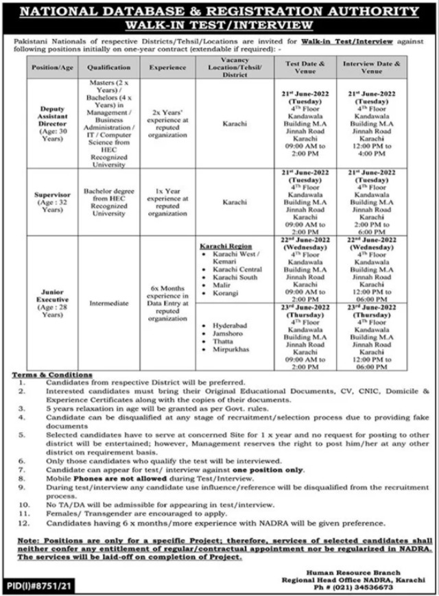 Latest National Database & Registration Authority NADRA Management Posts Karachi 2022